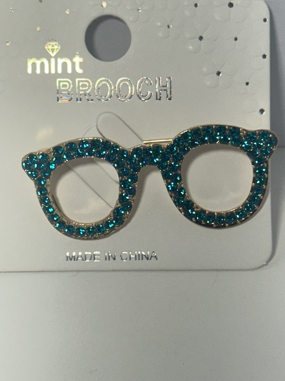 Teal Crystal Cat-Eye Glasses Brooch